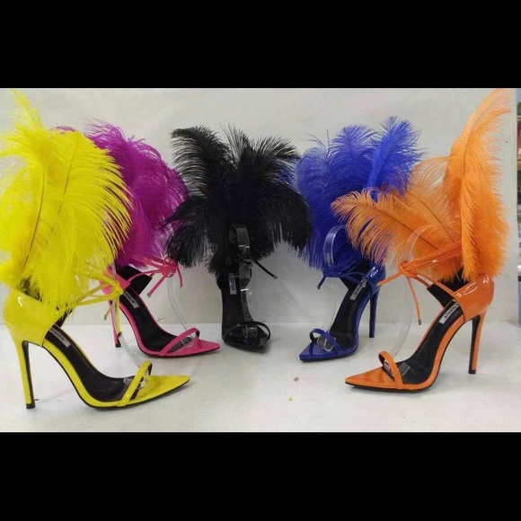 feathered high heel sandals